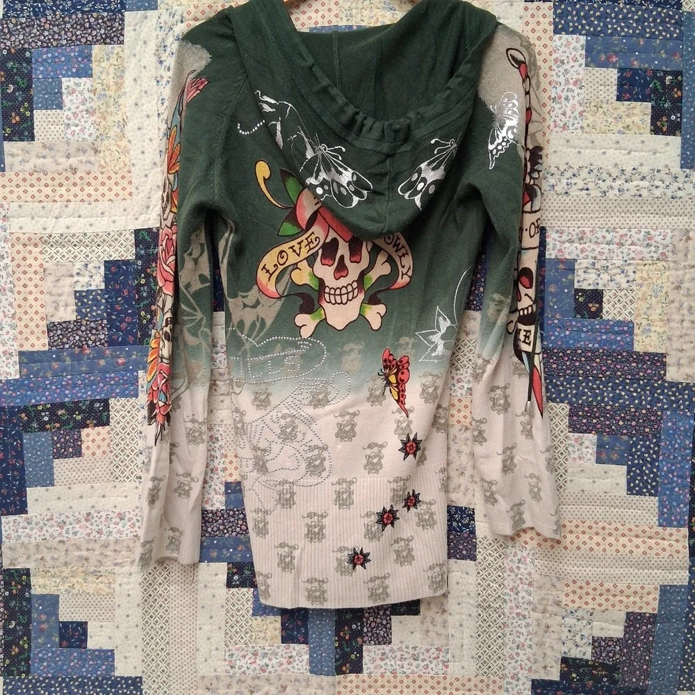 Vintage Y2K Ed Hardy Christian Audigier Hooded Pullover Sweater Love Kills Slowl
